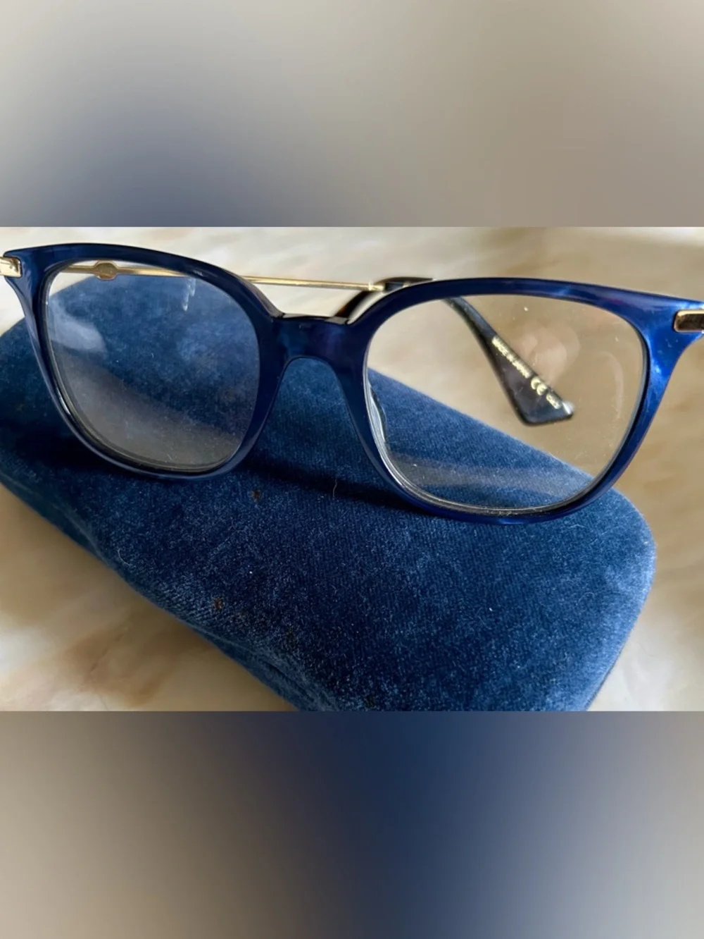 Gucci GG0110O 005 Women Blue Gold Rectangle Eyeglasses w/Case Authentic
